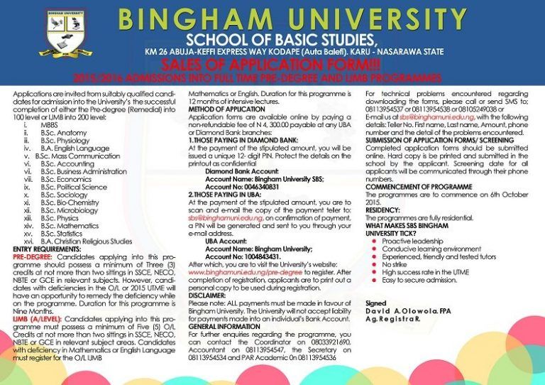 Bingham University Preedegree & IJMB Application Form 2016/2017