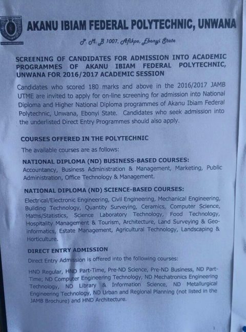 Fed Poly Unwana Recommended Academic Calendar 2016/2017