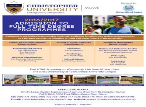 Christopher University Post-UTME Admission Details -2016/2017