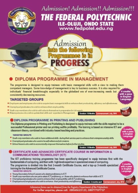 Fed Poly Ile-Oluji Diploma Admission Form -2016/2017