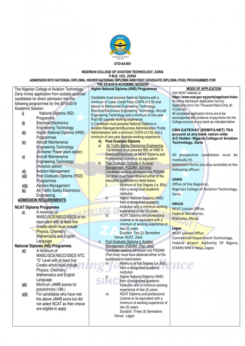 NCAT Diploma, HND & PGD Admission Form 2019/2020 is Out