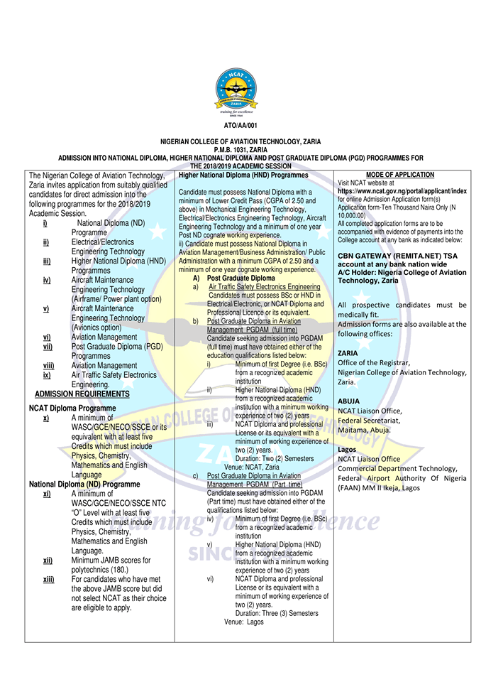 NCAT Diploma, HND & PGD Admission Form 2019/2020 is Out Campus Portal