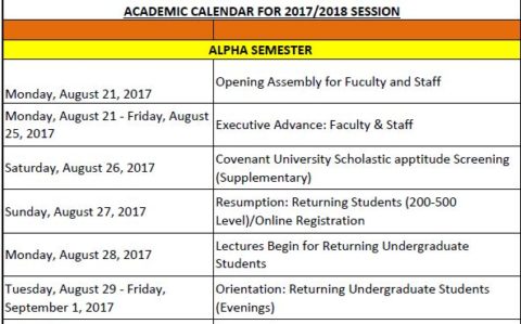 Covenant University 2017/2018 Alpha Semester Academic Calendar