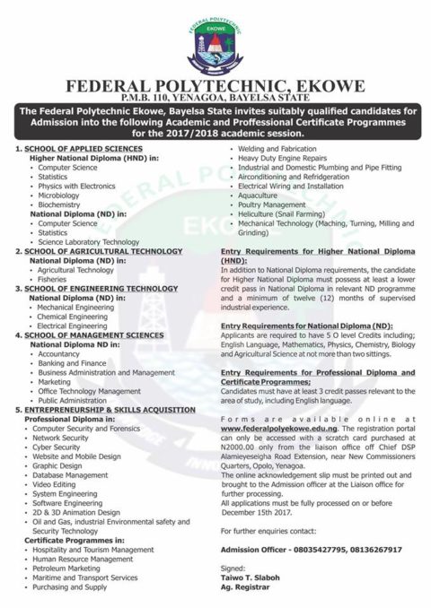 Fed Poly Ekowe Admission Form 2017/2018 is Out [ND & HND]