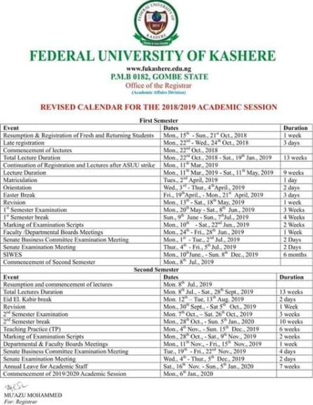 Federal University Kashere Academic Calendar 2018 2019 Published Campus Portal Nigeria