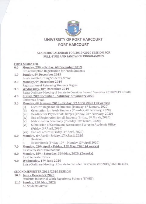 UNIPORT Academic Calendar 2019/2020 Session is Out