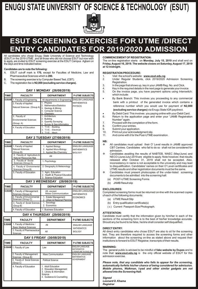 ESUT Post UTME & De 2019 Form, Cut Off Mark New Screening Date | Campus ...