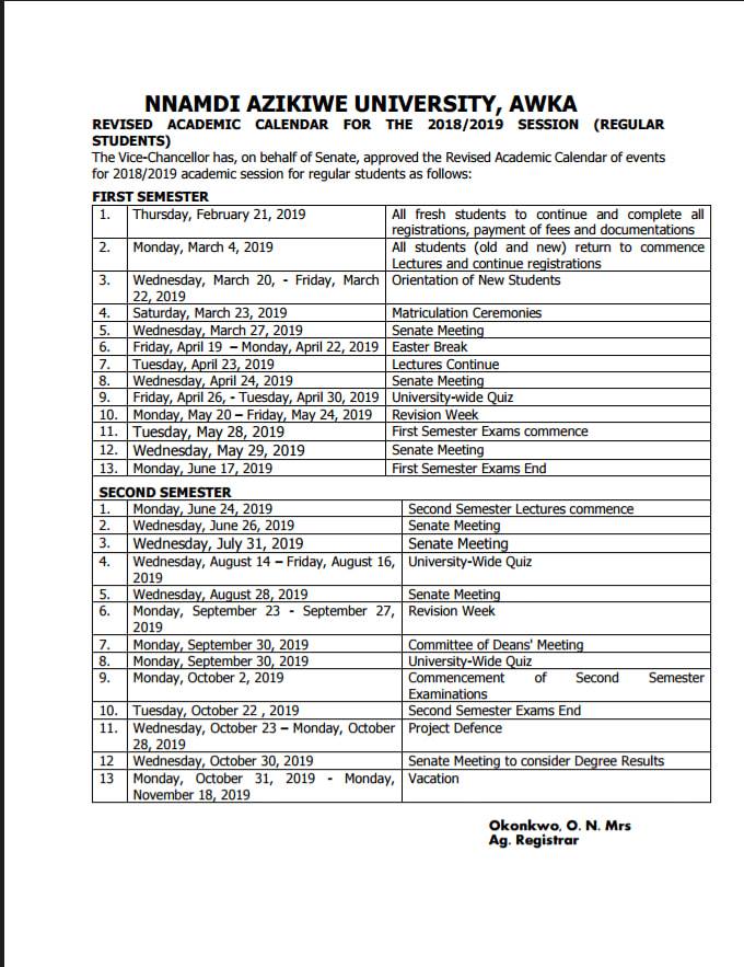UNIZIK Academic Calendar 2019/2020 Session is Out Campus Portal Nigeria
