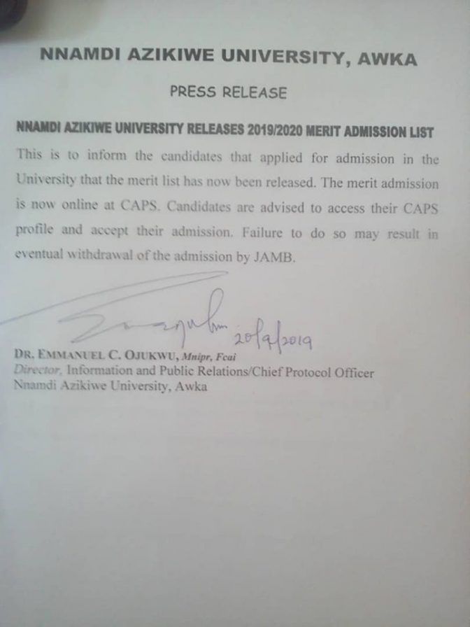 UNIZIK Primary Admission Status 2019/2020 Session Out on JAMB site